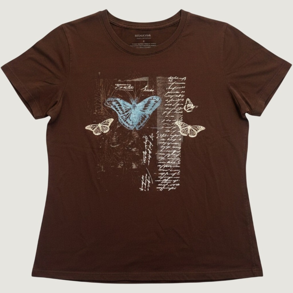 Sonoma Graphic Tee Top Womens L Brown Butterfly Script Cotton Short Sleeve